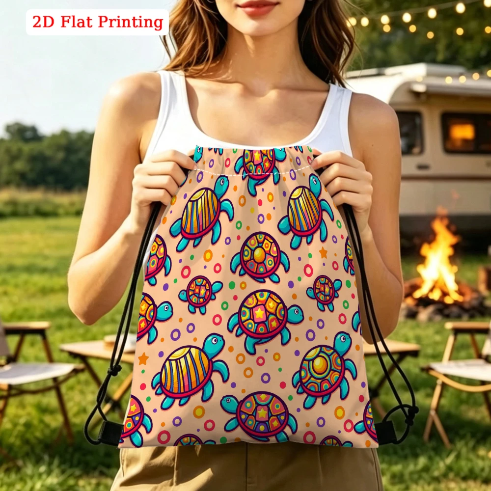 Cute Cartoon Style, Drawstring Backpack, Colorful Sea Turtle Pattern 2D Flat Printing, Gym Sports Bag, Outdoor Travel Cinch Sack