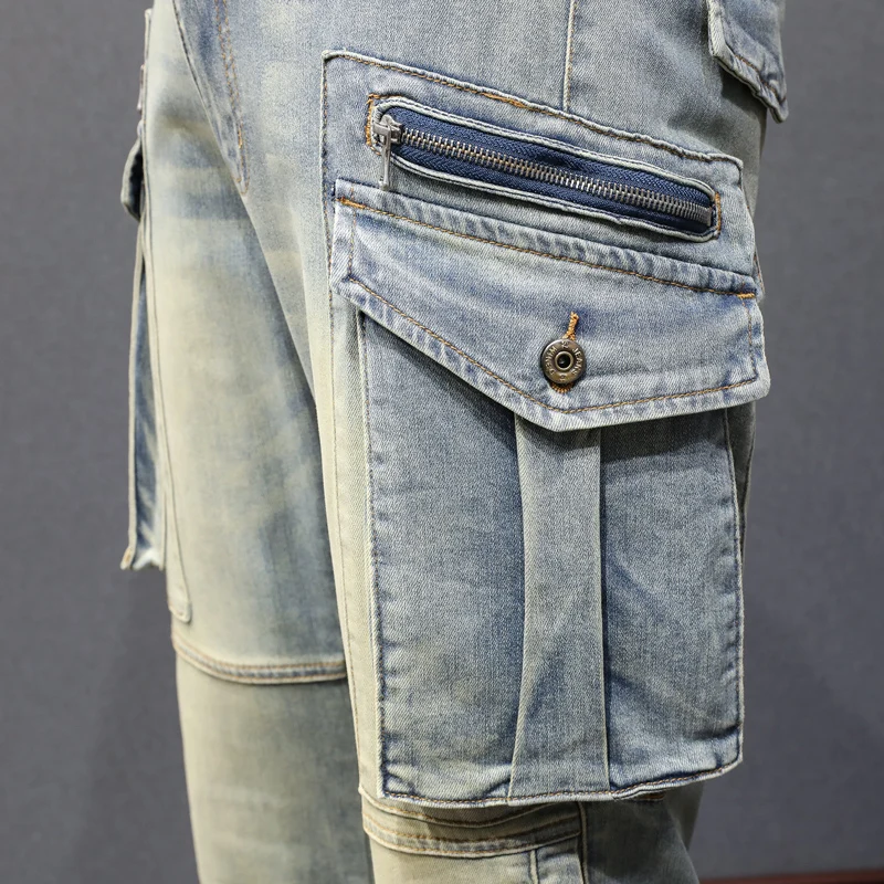 Street Fashion Men Jeans Retro Washed Stretch Slim Fit Big Pocket Denim Cargo Pants Hombre Spliced Designer Hip Hop Biker Jeans
