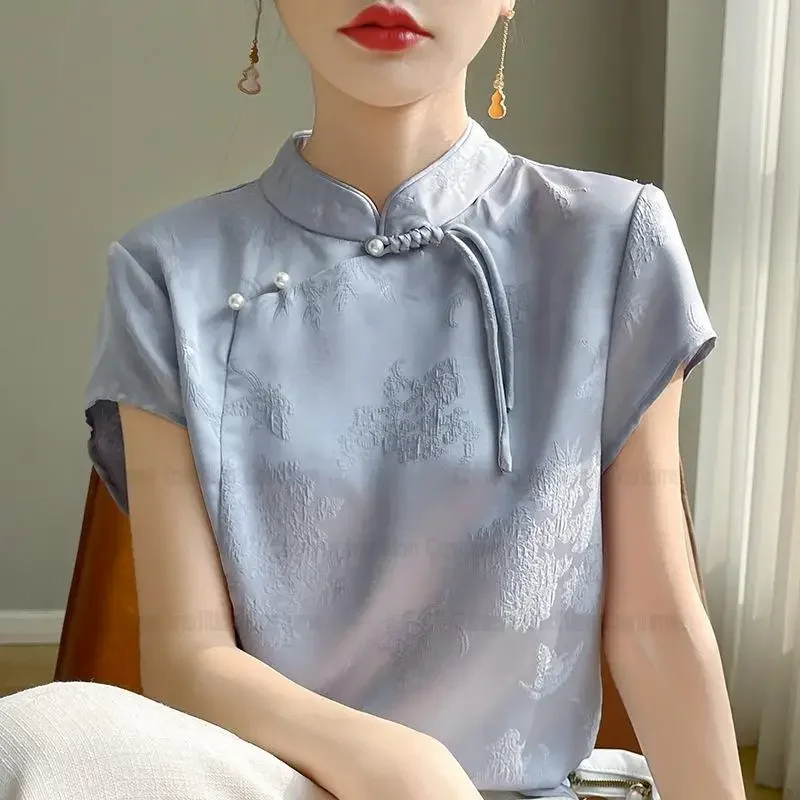 مثير بلوزة جاكار التقاليد الصينية أعلى قصيرة الأكمام تانغ الملابس سيدة الصيف جديد تشيباو قميص خمر اليوسفي طوق قمم