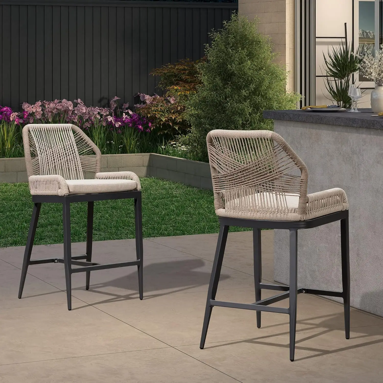 Counter Height Bar Stools Set of 4 Rattan Wicker Outdoor Metal Boho Barstools with Back and Footrest Patio Garden