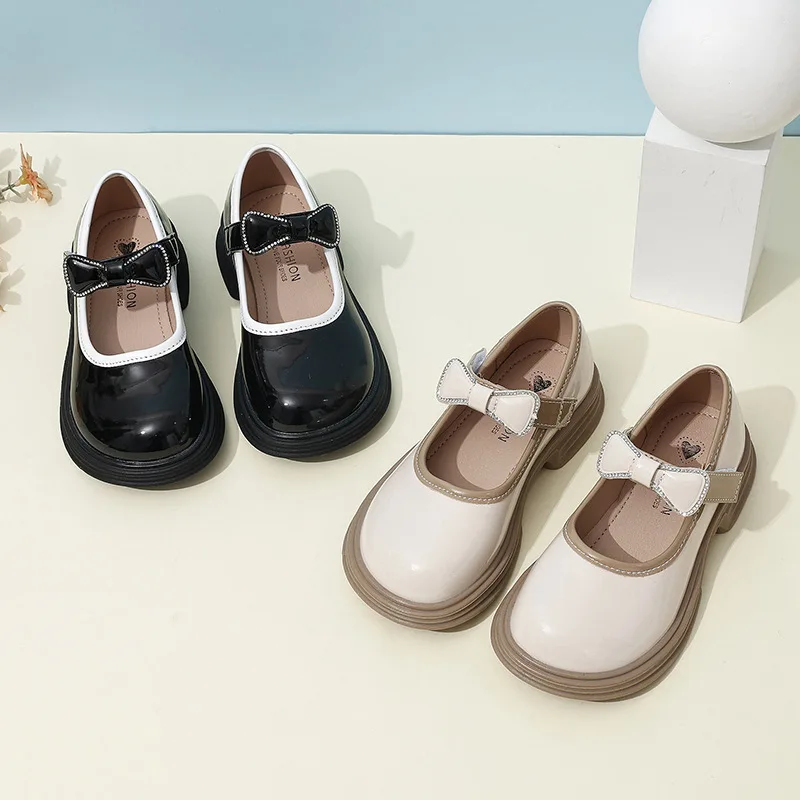 

Children Leather Shoes Spring Autumn Glossy PU Fashion Soft Bow Lolita Style Round-toe Glossy 2023 New Girls Loafers Simple PU