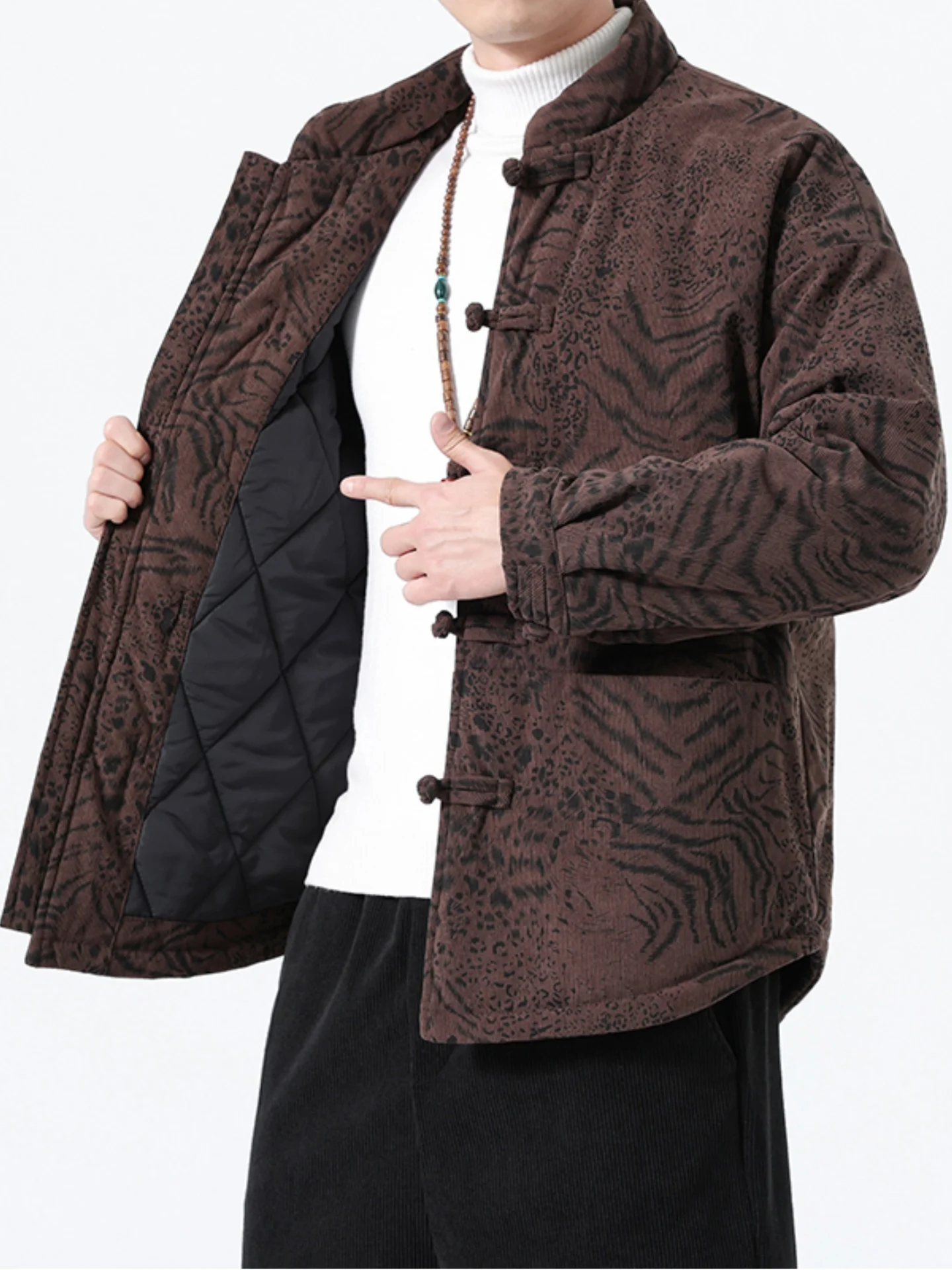 

Мужская утепленная хлопковая куртка с пуговицами и леопардовым принтом в традиционном китайском стиле, зимняя верхняя одежда для мужчин