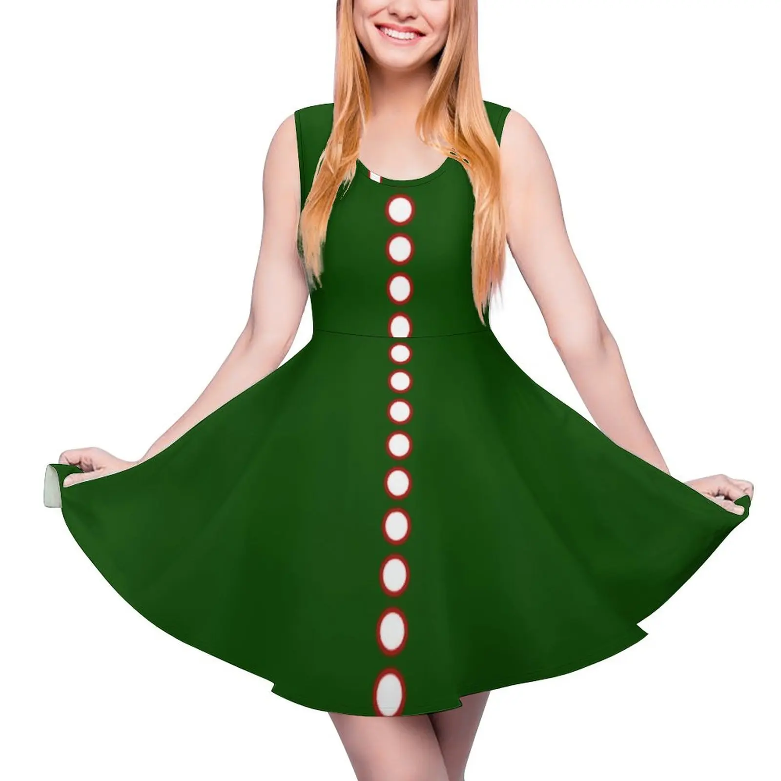 

Christmas Colors Red, Dark Green, and White Faux Collar and Buttons Holiday Sleeveless Dress Long dress woman Dance dresses