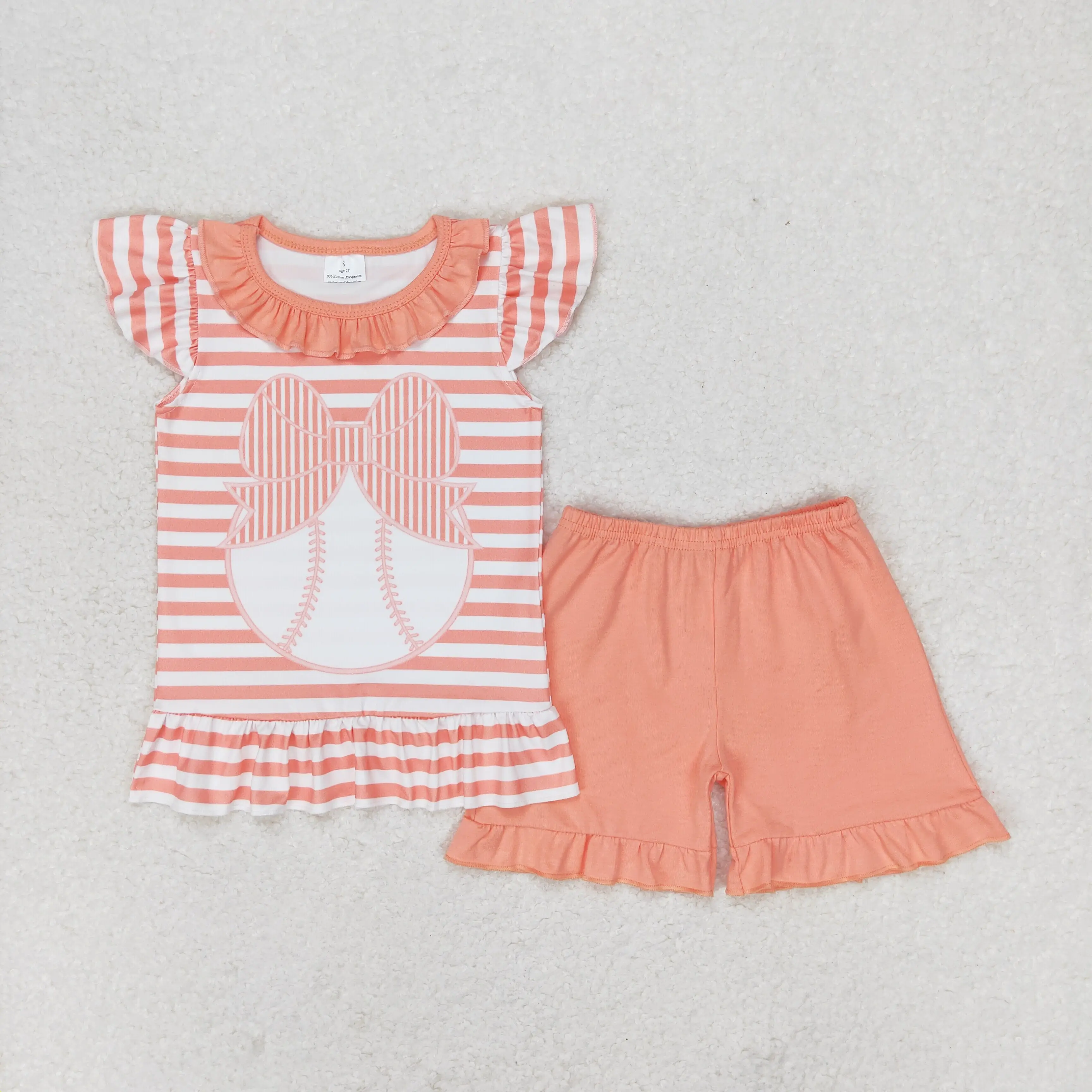 

z911-14 GSSO0633 Wholesale kid clothes girls baseball striped lace flying sleeve shorts sets Summer Boutique baby girl clothes
