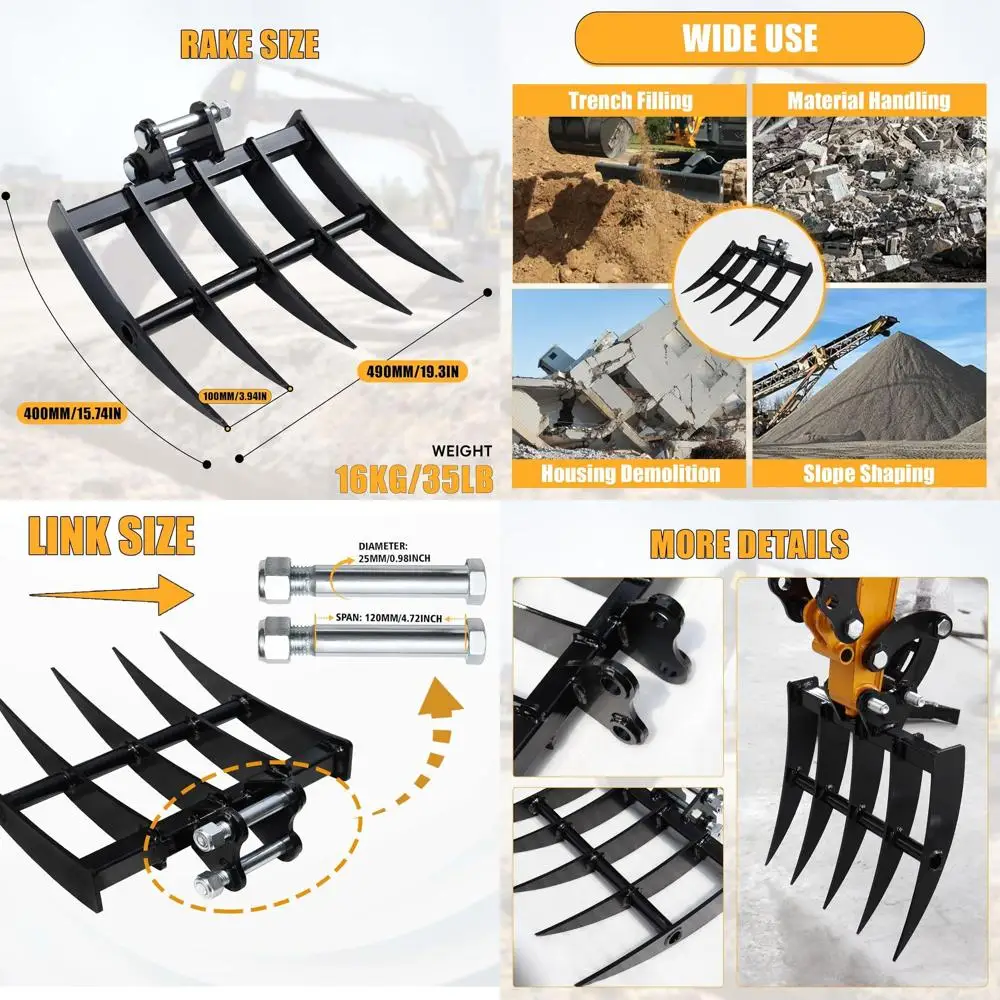

Compact Excavator Rake Attachments for 0.8-1.8 Ton Machines - Ideal for Land Clearing, Debris Removal, Soil Spreading