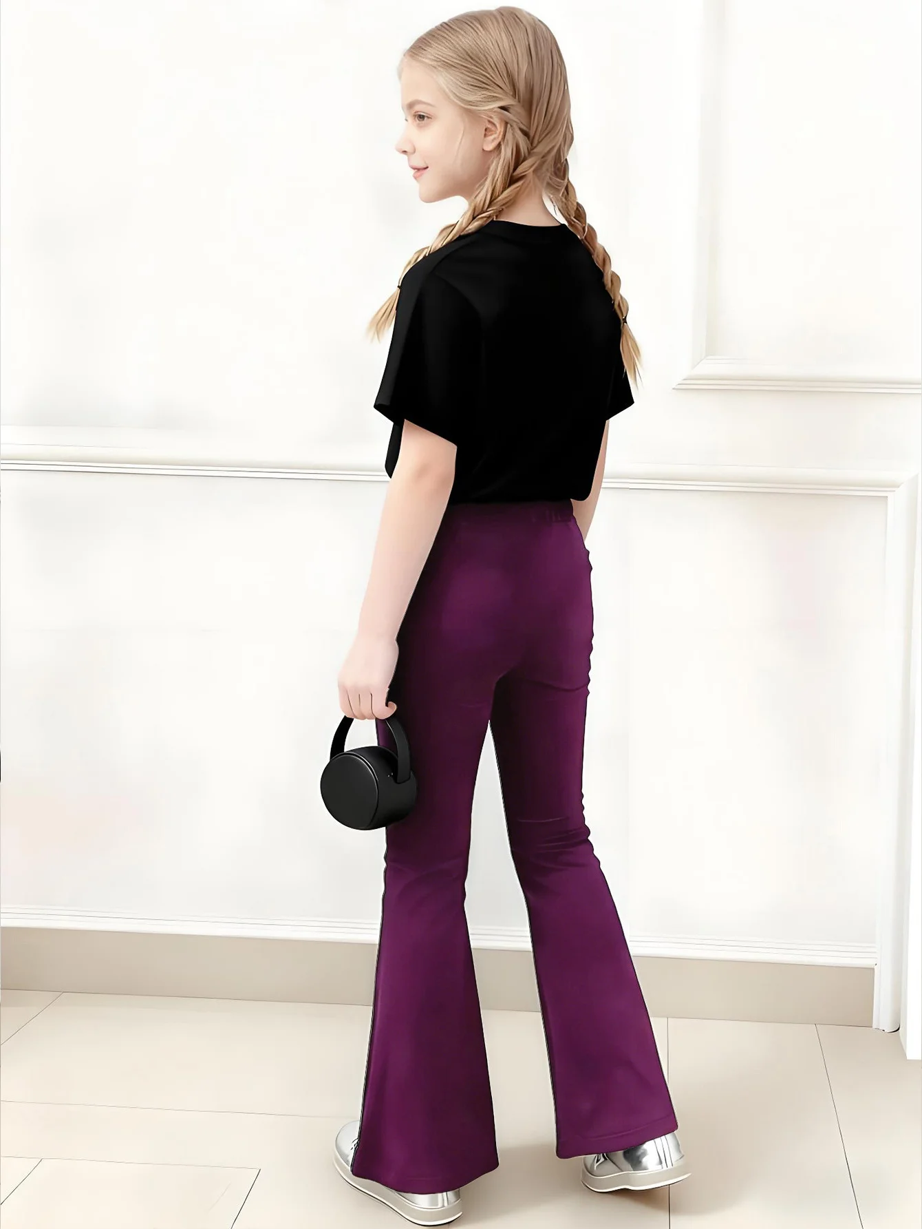 Girls' Summer Casual Outfit: Black Round-Neck Short-Sleeve Top + Purple Flared Long Pants Two-Piece Set with Anime Girl + 