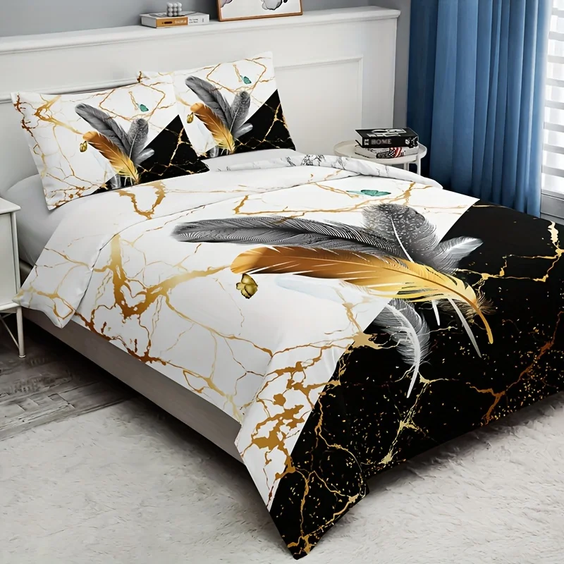 

3pcs Duvet Cover Set Soft Breathable Black White Marble Feather Print Comforter with 2 Pillowcases No Insert