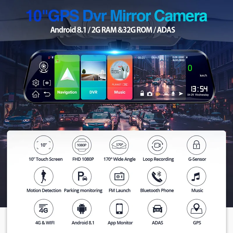 E-ACE Car Dvr FHD 1080P 4G Android 10 Inch Streaming ADAS Registrator RearView Mirror Dash Cam Video Recorder Dual Lens Dvrs