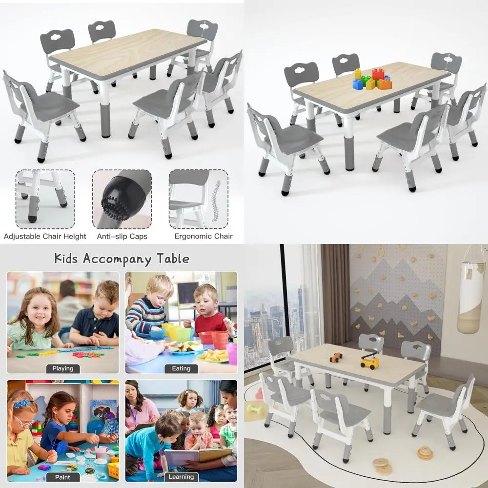

Adjustable Height Kids Study Table and 6 Chairs Set, Ideal for Daycare, Classrooms, and Home