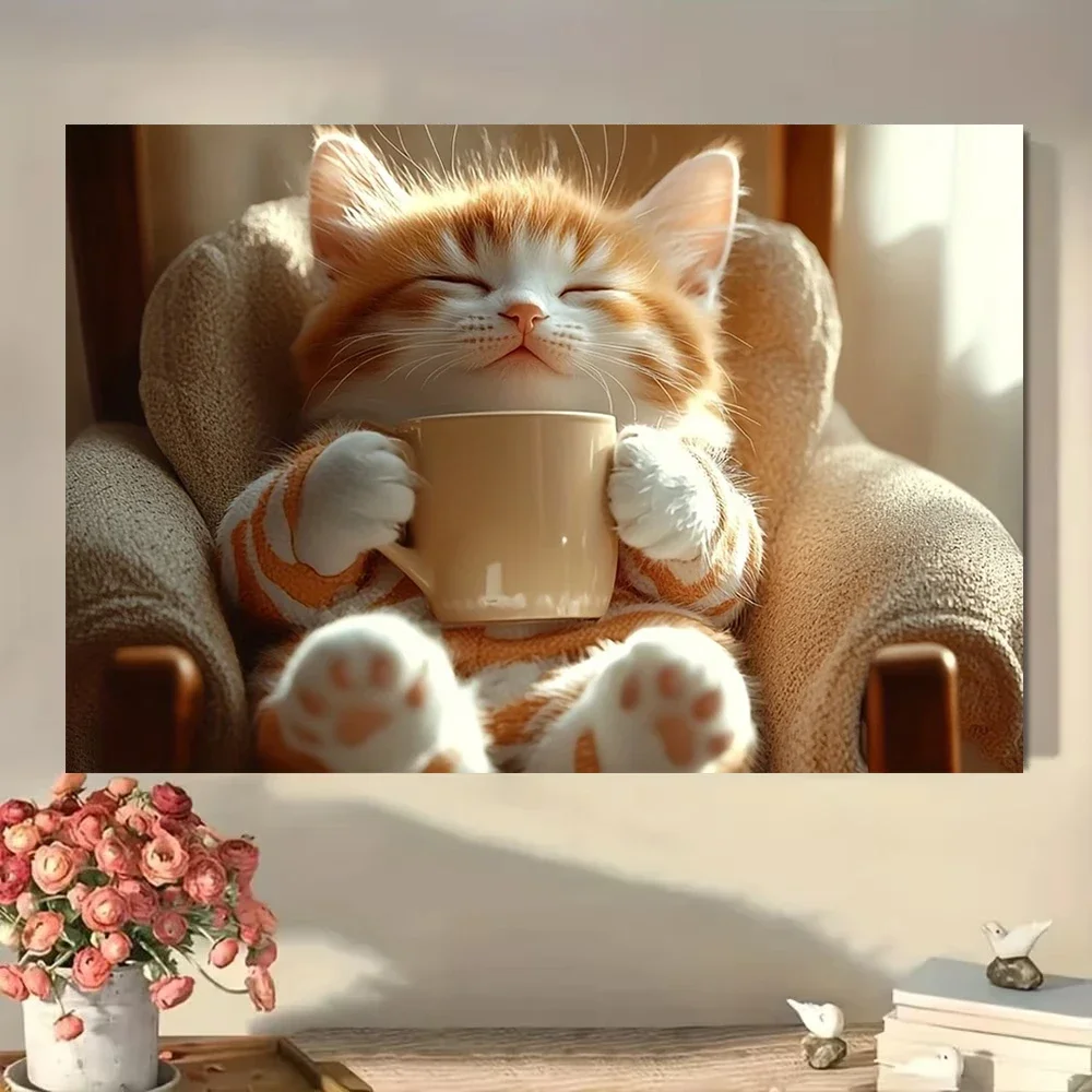 Multiple sizes 1pc frameless Canvas Painting,Cute Cat Sitting on A Chair Drinking Coffee Poster and Prints Canvas Painting Wall