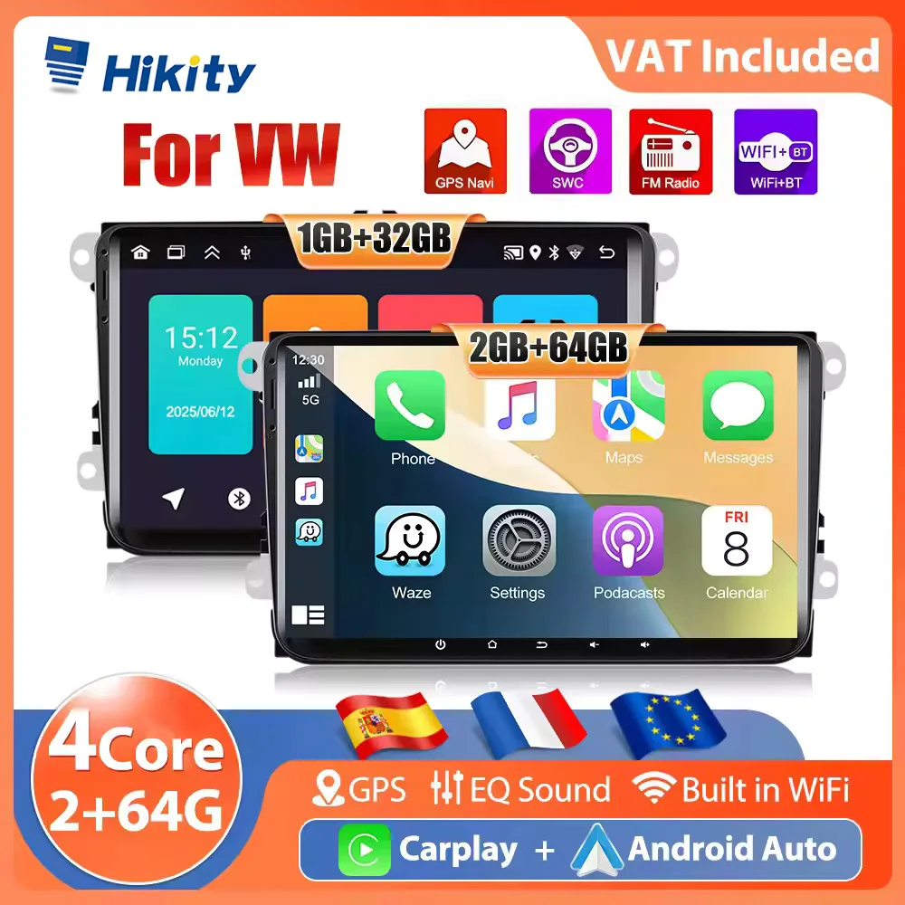 Hikity 9'' Autoradio Carplay pour VW/ Seat/Skoda/JETTA/VW PASSAT/GOLF Lecteur multimédia Android Auto Bluetooth GPS WIFI