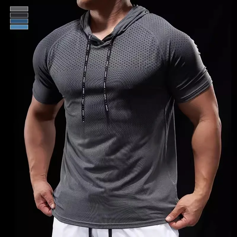 Summer GYM Sport Hooded Running Men T shirt Fitness Slim fit compression elastic Short sleeve Quick Dry Bodybuilding Tshirt image 3