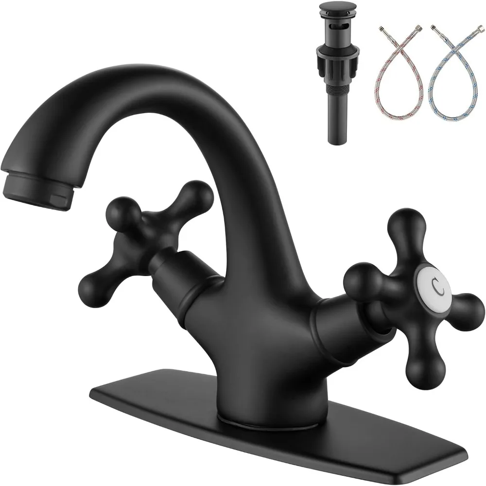 

1-Hole Matte Black Bathroom Faucet, Double Cross Handle Vessel Mixer with Deck Cover & Pop-Up Drain (Hot & Cold)