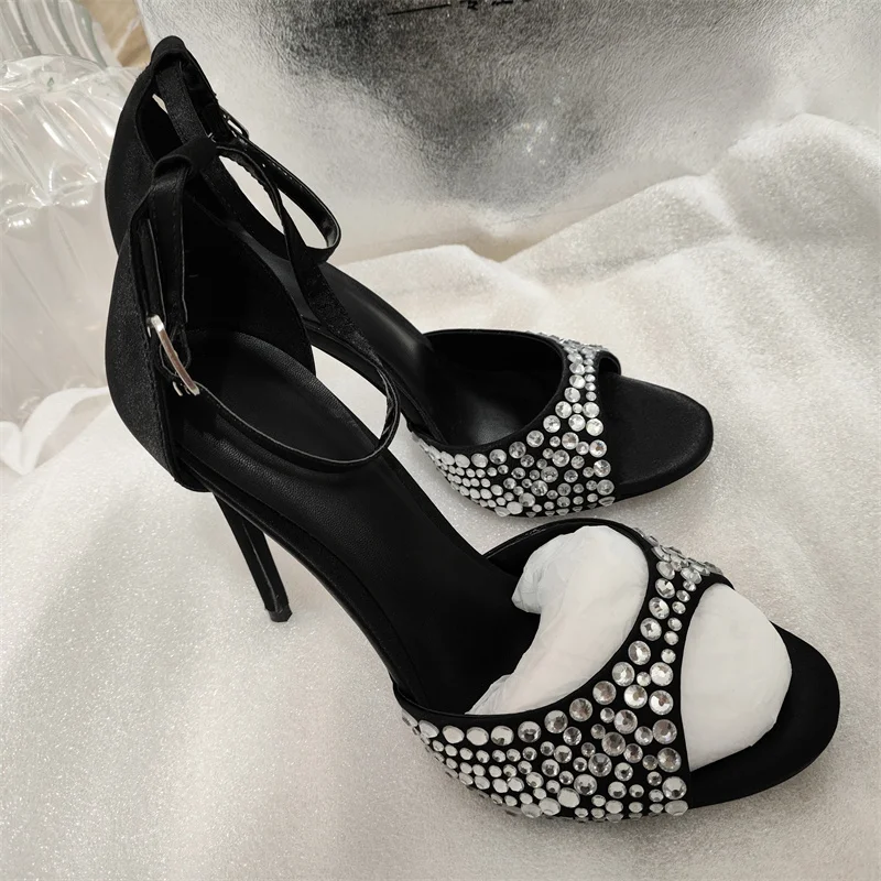 

Summer 2023 Internet Celebrity Rhinestone Open Toed Sandals Fashion Round Toe Slim Heel Sandals Sexy Wrapped Party Sandals 35-43