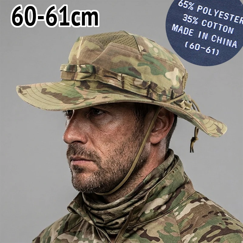 Big Head Tactical Boonie Hat Men Large Size 60-61cm Breathable Camo Sun Cap Outdoor Military Combat Fishing Safari Bucket Hat