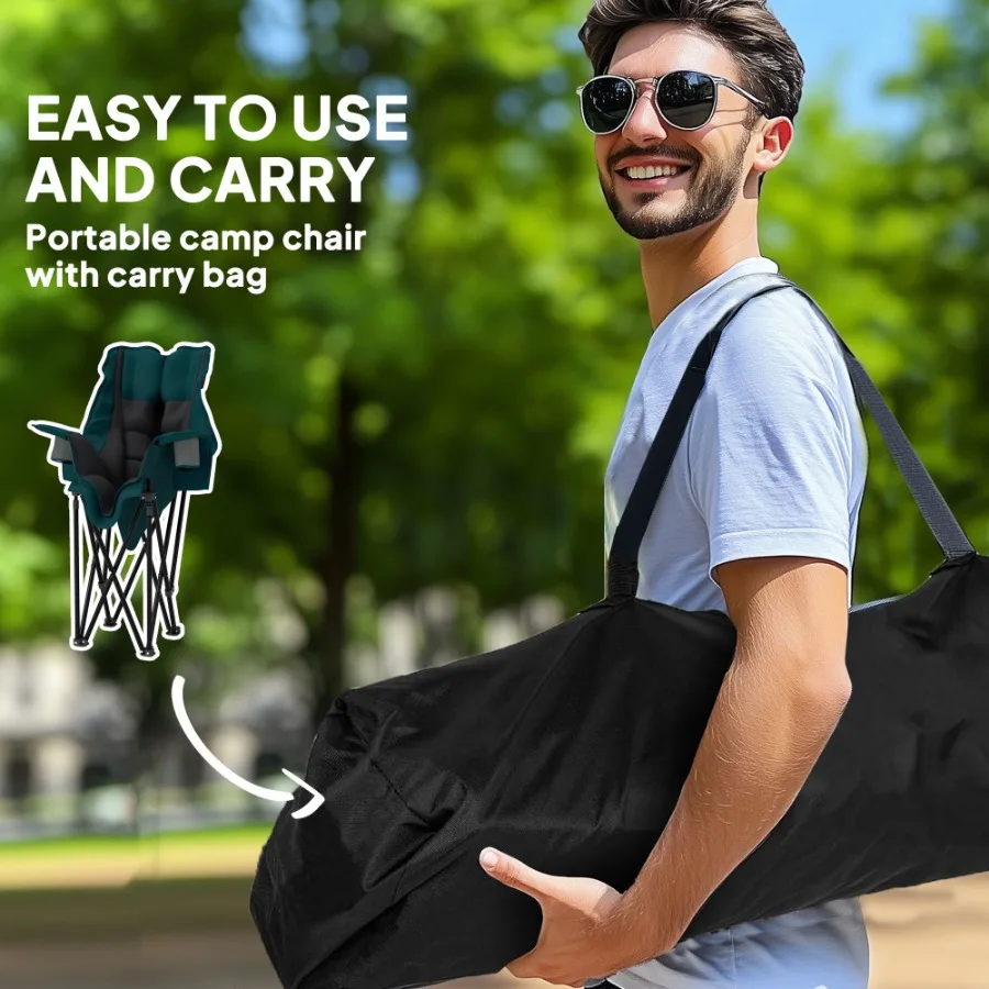 Kursi Berkemah Empuk untuk Dewasa Kursi Berkemah Lipat Portabel dengan Kantong Samping Tempat Cangkir Tas Jinjing Hitam