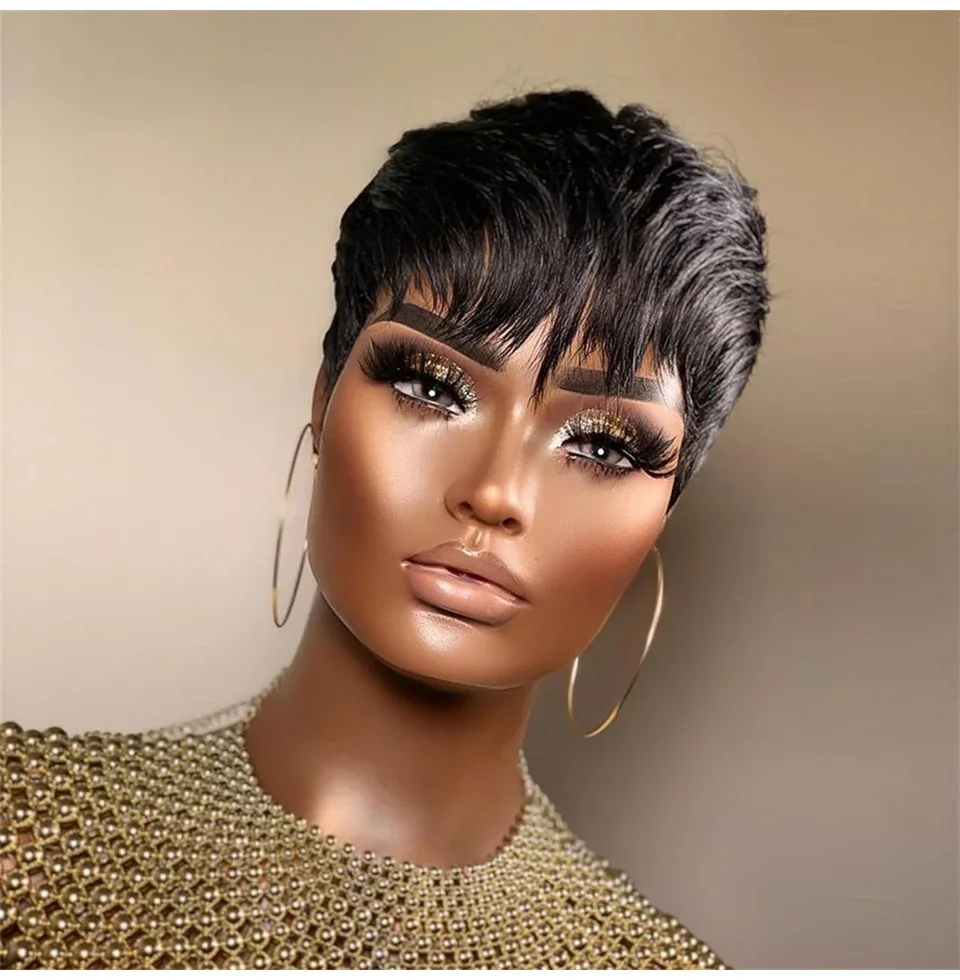 Short Human Hair Pixie Cut Wig with Bangs