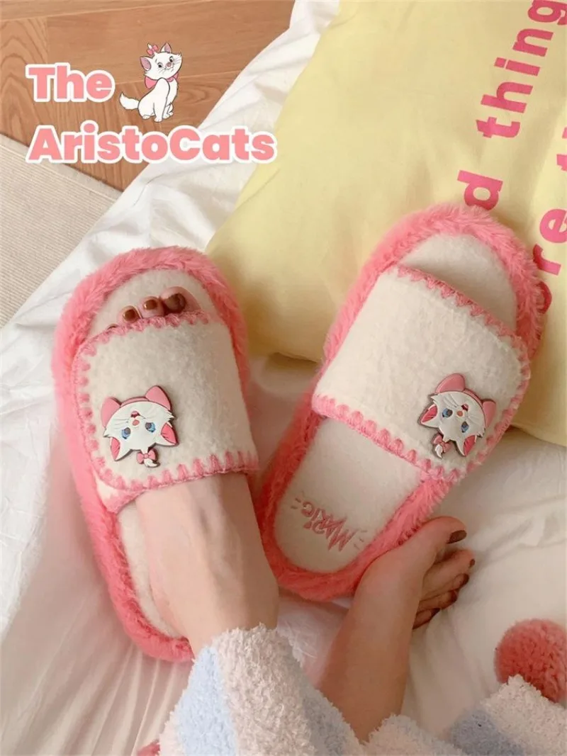 Cute Disney Series Marie Cat Lucifer Doll Cute Plush Cotton Slippers Kawaii Autumn Winter Warm Home Shoes Girls\' Sweet Slippers