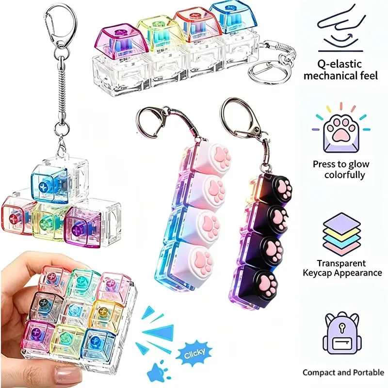 LED Keyboard Keychain Fidget Toys Crystal Clicker Sensory Toy for Stress Relief Keyboard Keychain Fidget Toy for Adults Kids