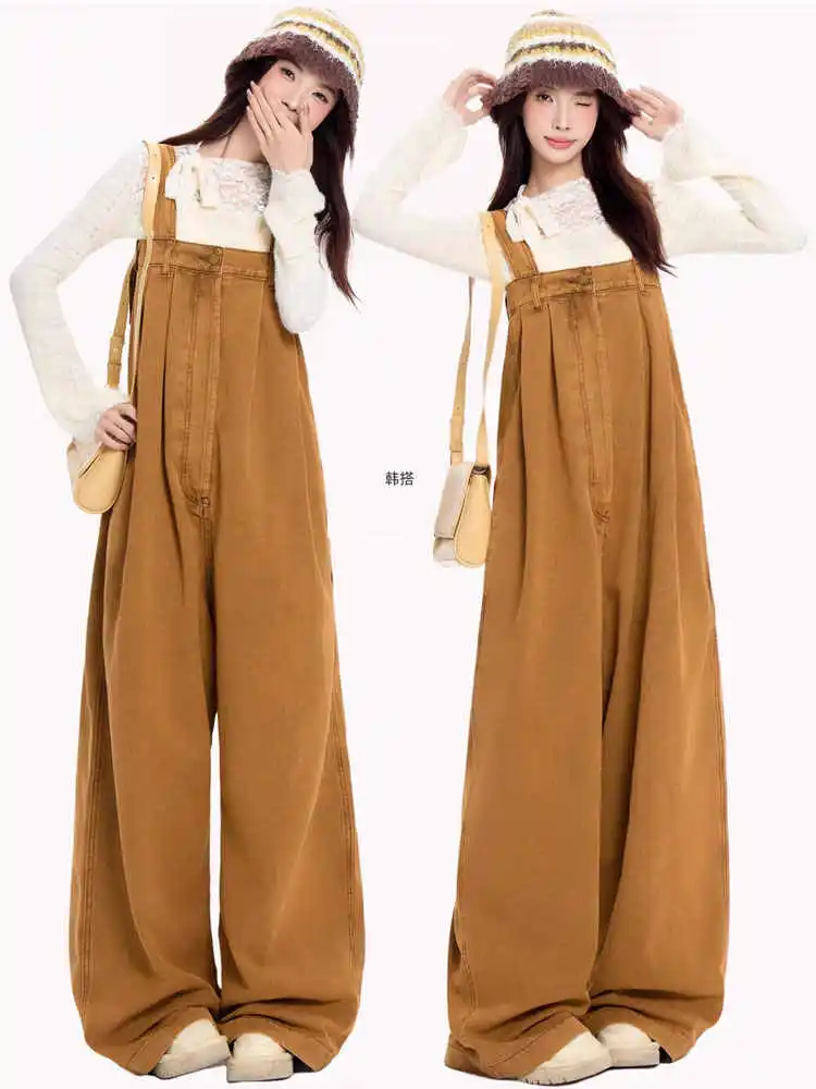 Japanese Retro Brown Denim Overalls For 2026 Spring Summer Women Niche Design Sense Loose Fit Slimming Wide Leg Pants