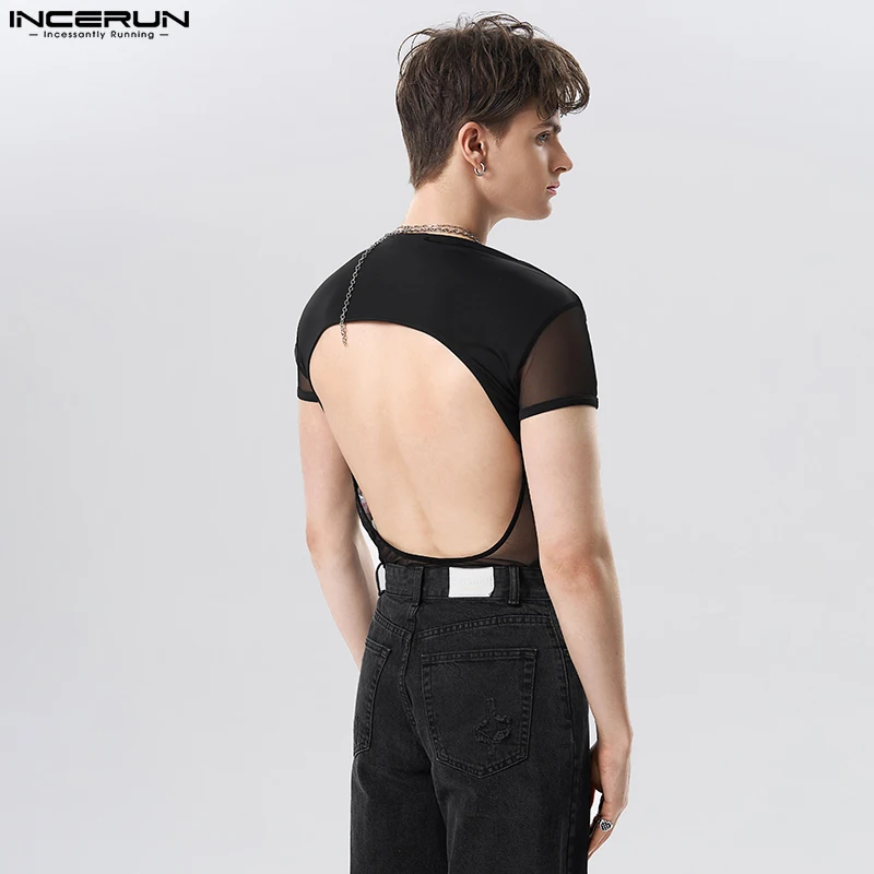 2024 Men Bodysuits Mesh Patchwork Transparent Backless O-neck Short Sleeve Rompers T Shirt Streetwear Sexy Men Bodysuit INCERUN