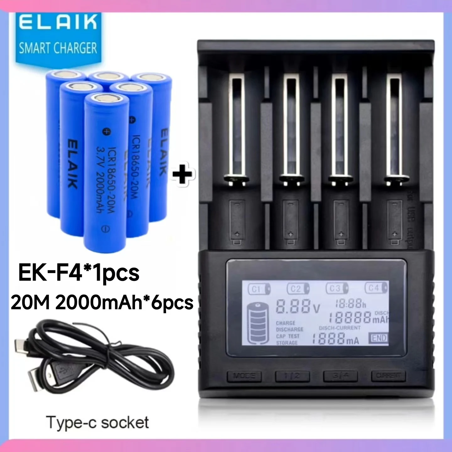 ELAIK 18650 Battery 3.7V 2000mAh 10A ICR18650 Lithium Ion External Replacement Battery with Charger 20M