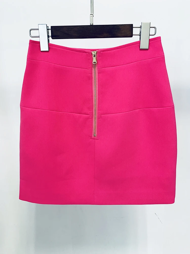 HIGH STREET New Fashion 2024 Designer Women Metal Lion Buttons Mini Skirt Hot Pink