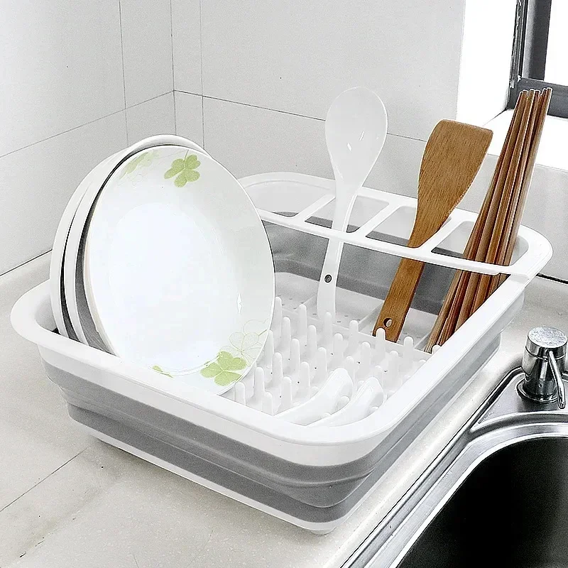 

New Kitchen Foldable Dish Rack Storage Water Leakage Tableware Bowl Dinnerware Drain Bowl Tray Home Drying Rack Washable Plastic