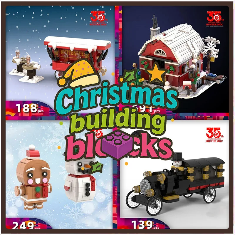 

Набор рождественских строительных блоков 2025 года — двигатель поезда, сани и олени, технология «сделай сам», модульные кирпичи, рождественские деревенские подарки