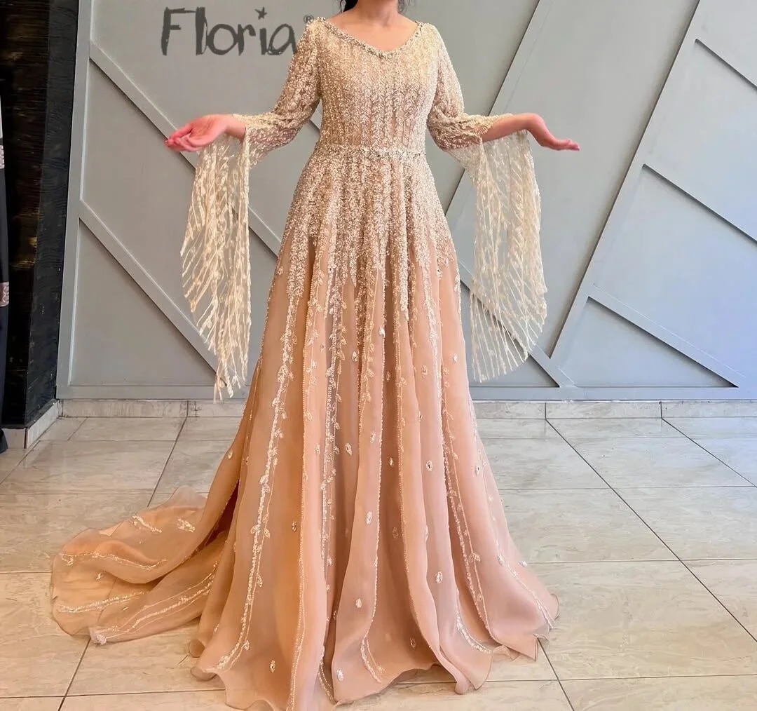 

V Neck Long Cape Sleeve A Line Prom Dresses Beading Saudi Arabia Wedding Guest Gowns Plus Size Customized Bridal Dresses2025