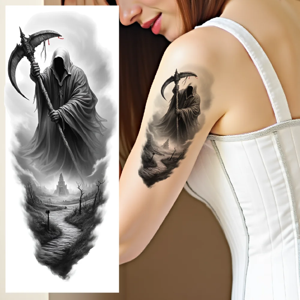 3 pièces tatouage temporaire tatouages temporaires réalistes Reaper en cape crâne avec entité surnaturelle pour hommes bras adultes