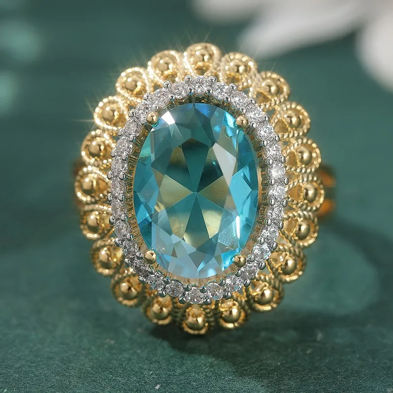 Exquisiter, eingelegter, weiß-seeblauer CZ-Damenring in Silberfarbe, handgeschnitzt, hohl, für den täglichen Gebrauch, Partyschmuck, Jubiläumsgeschenk – Detail 2