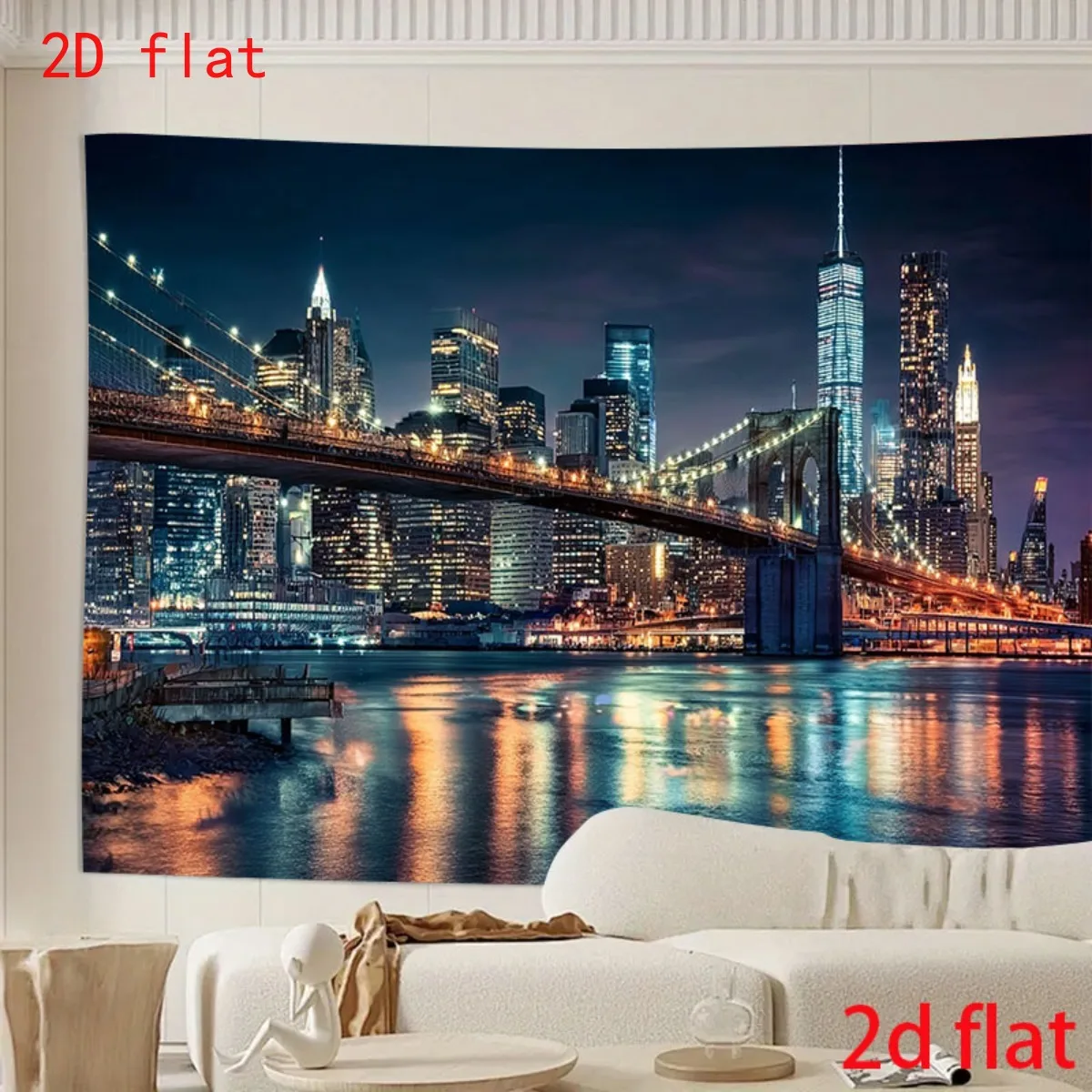 New York Brooklyn Bridge Night Skyline Tapestry 2D Flat USA Cityscape Wall Hanging for Living Room Bedroom Urban Decor Fabric