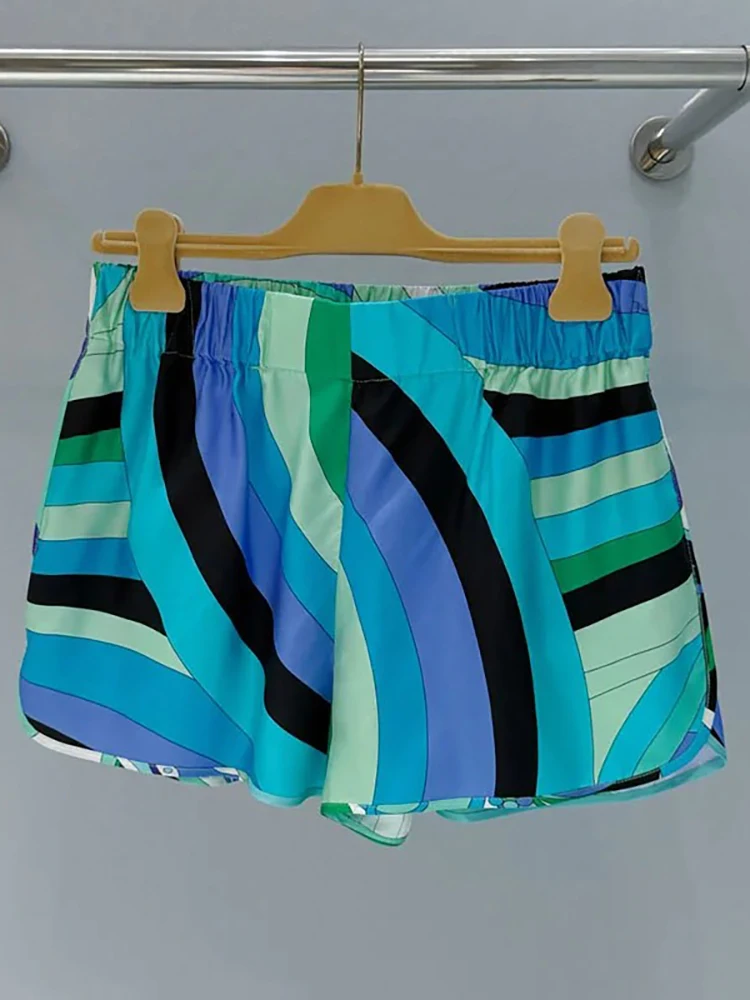 Summer Fashion Resort Casual Vintage Geometric Print Silk Shorts Women's Elastic Waist Slim Pocket Straight Barrel Pants