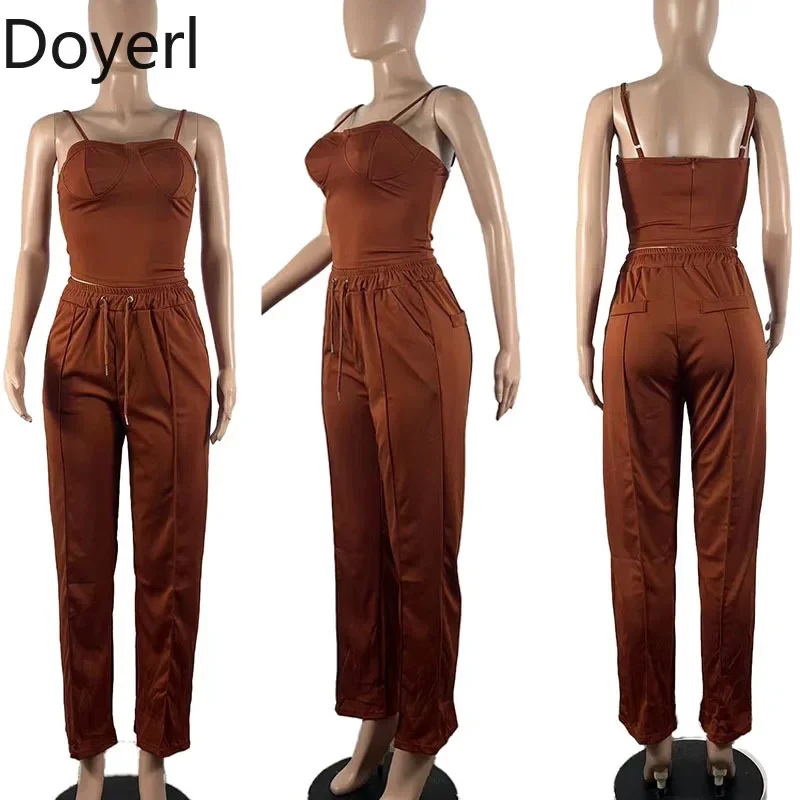Doyerl solide décontracté 2 pièces ensemble femme vêtements Spaghetti sangle haut sans bretelles et cordon jambe large pantalon correspondant ensembles tenues