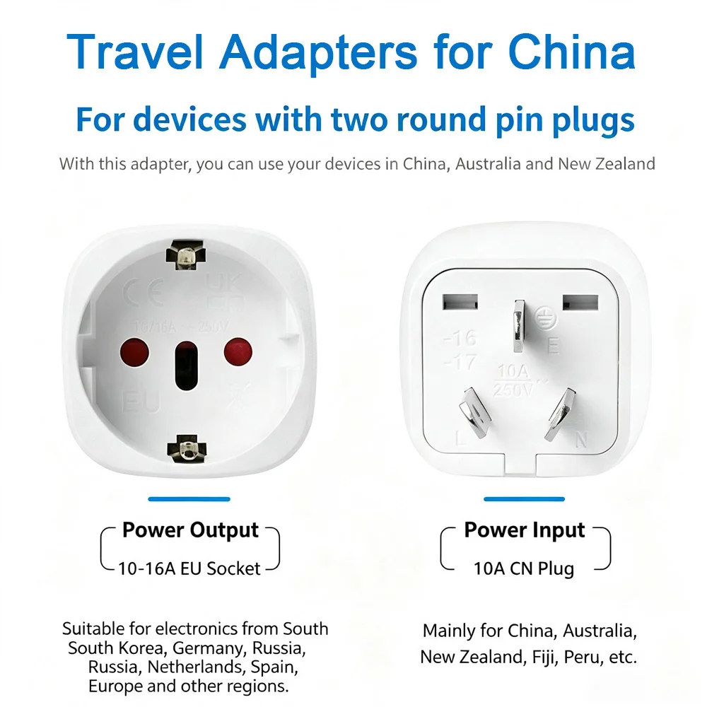 Travel Adapter from EU & Southeast Asia to China & Australia, Laptop Travel Adapter, Dual Round‑Pin Plug Converter