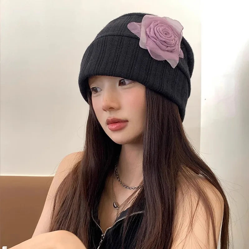 

Women's All-Season Loose Fit Turban Hat - Knitted Acrylic Headwrap with Rose Flower Decor
