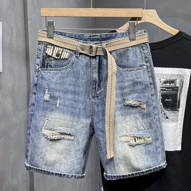 

24New Spring and Summer Trendy Wild Loose Bermuda Shorts Destroyed Washed Denim5Shorts