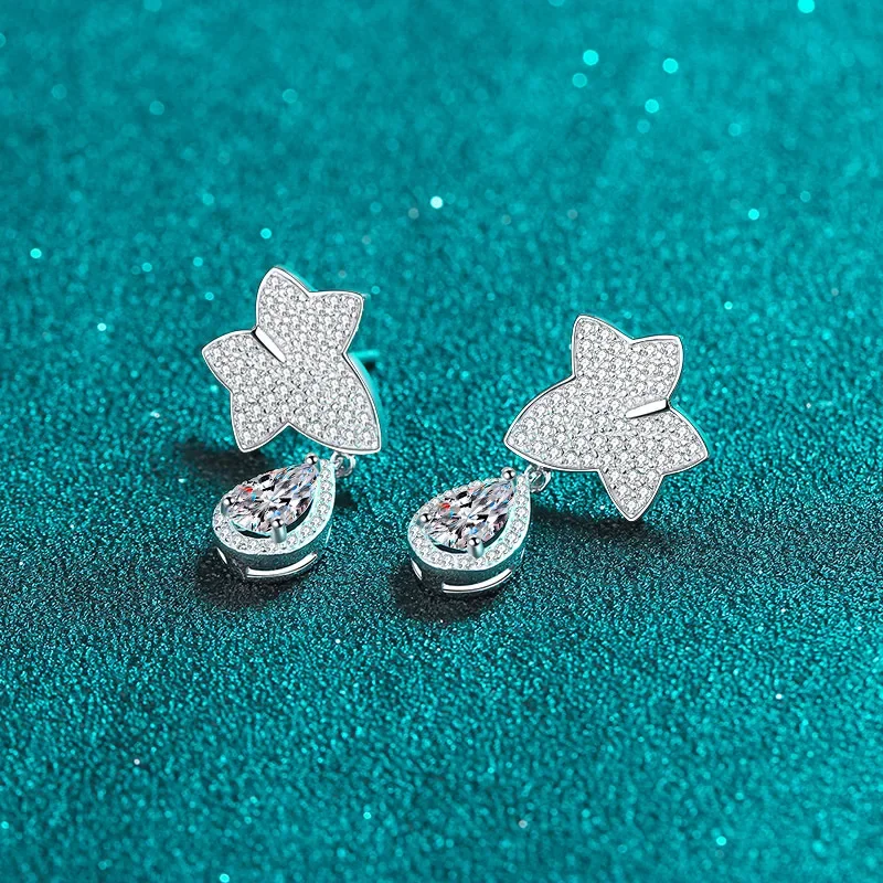 18K gold earrings 1carat , maple leaf drop-shaped moissanite earrings, plated pt950 platinum ear jewelry, high-end and elegant