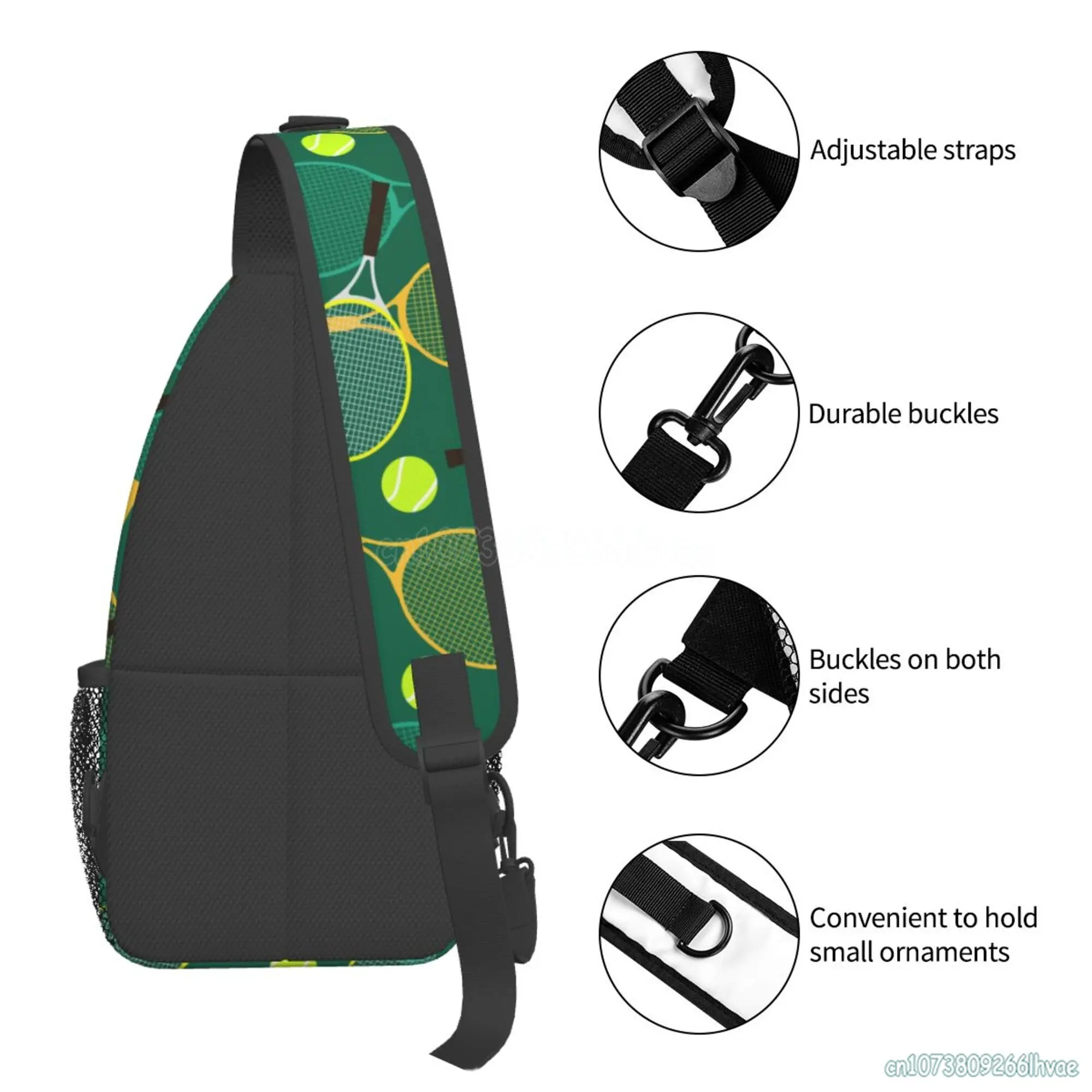 Raquetes de tênis e bolas impressão ao ar livre estilingue mochila crossbody saco de peito daypack para caminhadas viagem unisex saco de peito daypack