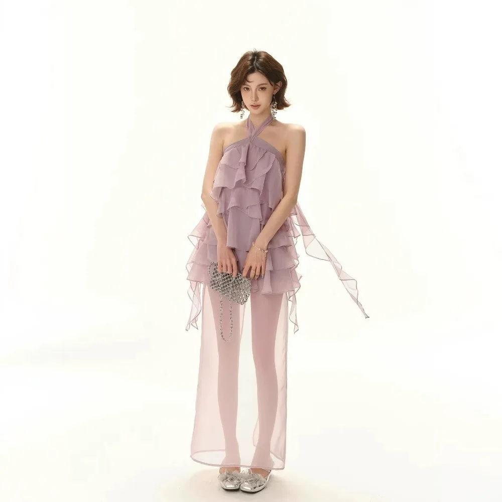 

Sexy Halter Sleeveless Holiday Dress Fashion Ruffle Loose High Waist Solid Color Party Dresses Fashion Sweet Brithday Party Gown