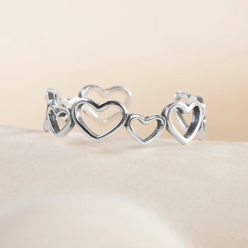 Bague-Anillo de Plata de Ley 925 con forma de corazón para mujer, sortija ajustable con apertura, para regalo de citas, S925