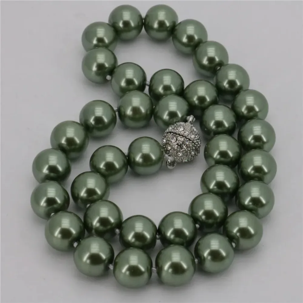 New Arrival 12mm Army Green South Shell Pearl Round Beads Necklace Wholesale Women Jewelry Beautiful New Magnet Clasp Grade