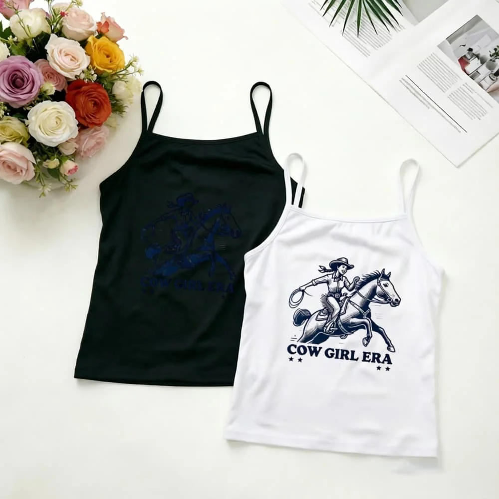 High Elastic Skinny Camisole Women Retro Illustration Cow Girl Era Horse Tank Top Texas Country Music Festival Outerwear