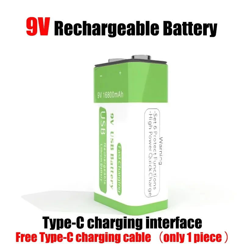 Batteria ricaricabile da 16800mAh 9V, adatta per multimetri, microfoni, rilevatori di fumo, giocattoli, ecc. cavo dati di tipo c gratuito