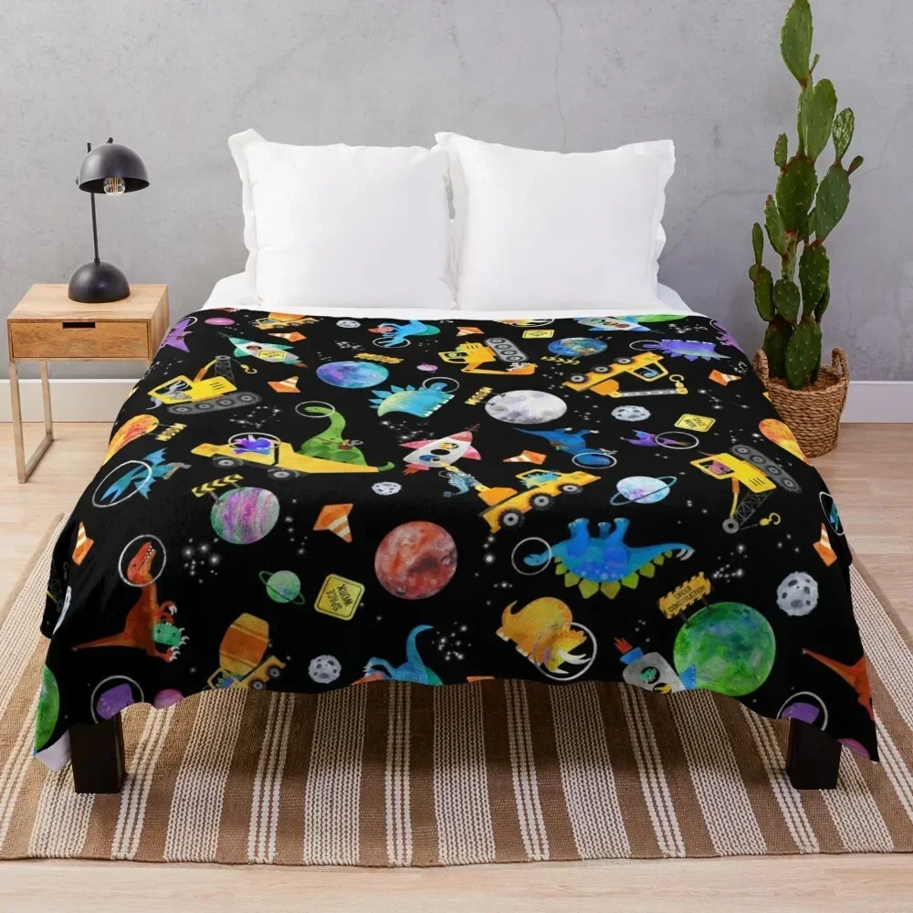 Dinosaur Space Crew Construction Vehicles Throw Blanket Travel wednesday Blankets