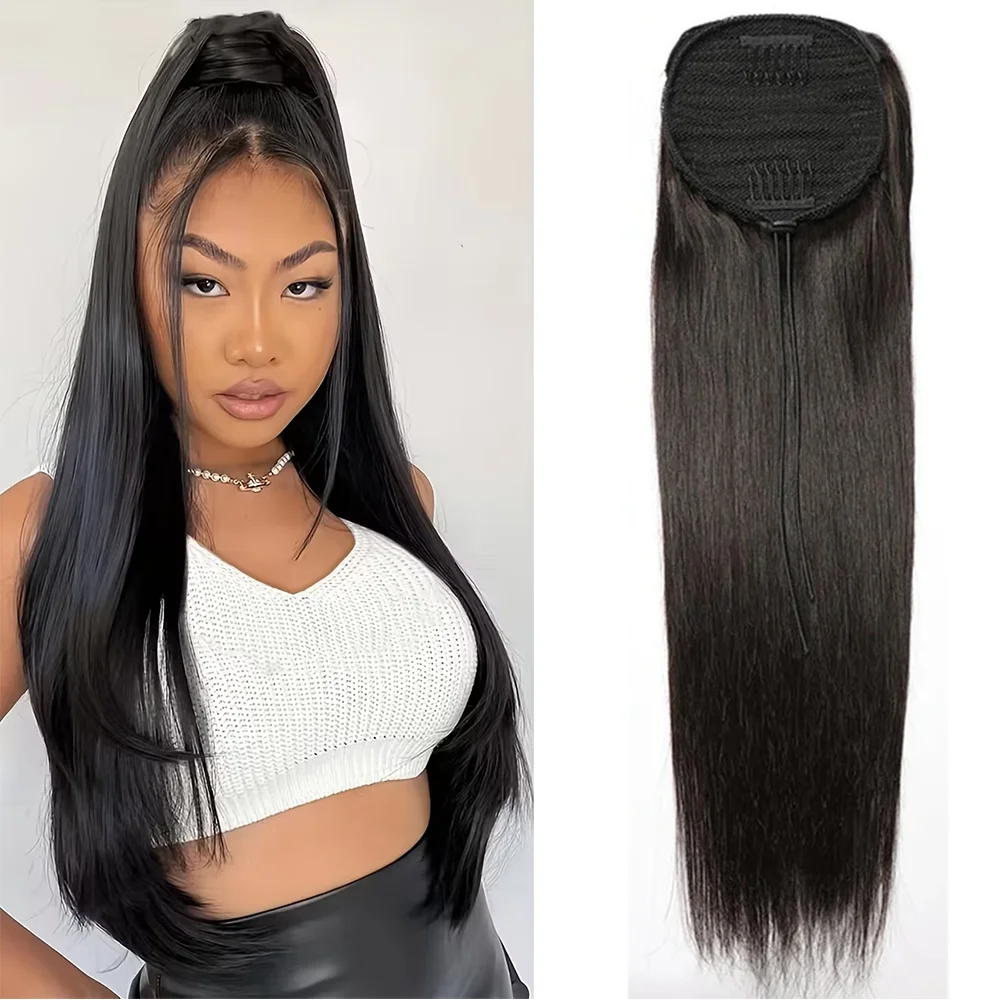 Straight Ponytail Hair Drawstring Ponytail Remy 100% Human Hair Extensions Chip-in Hair Wrap Ponytail Extensions Natural Black