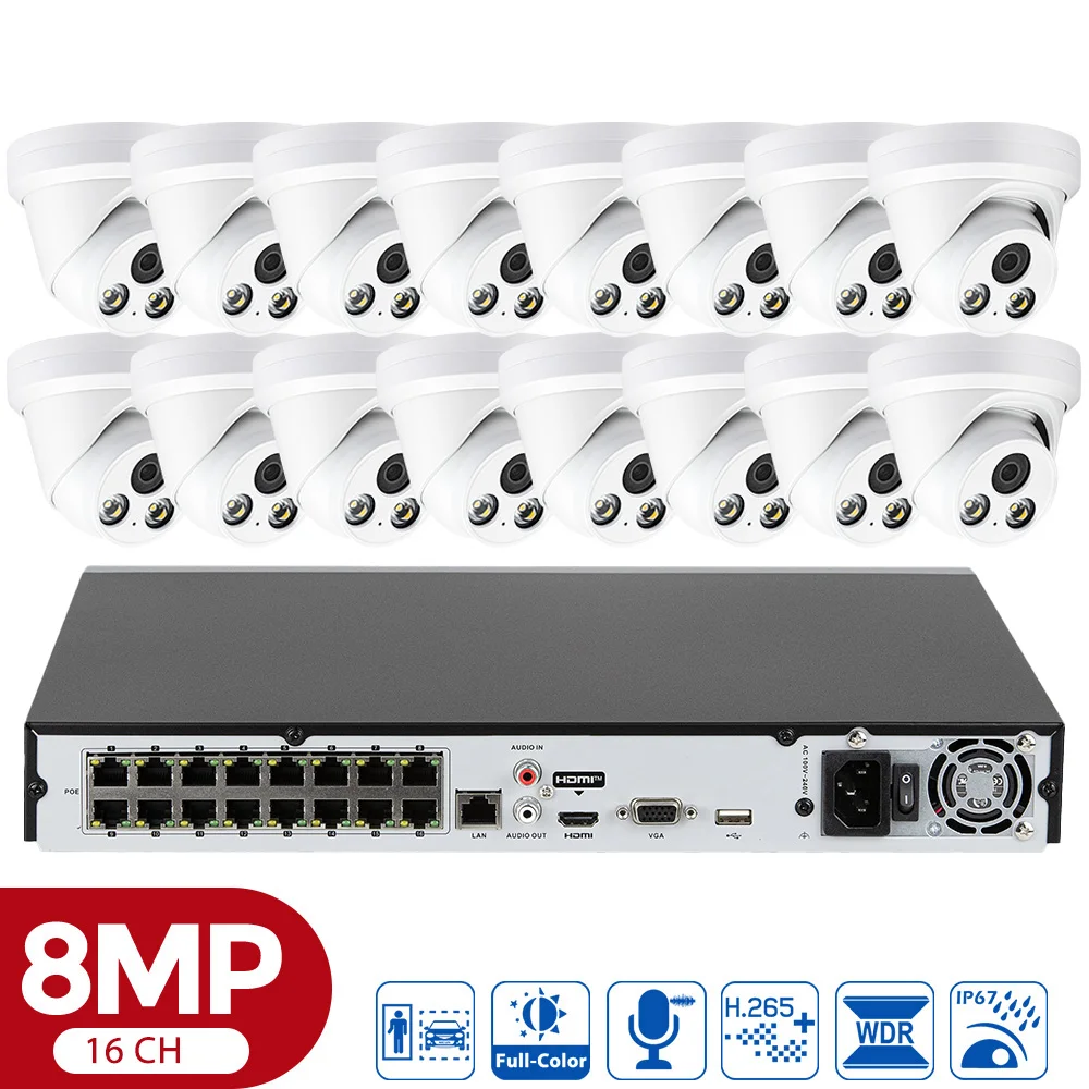 16CH 4K NVR Kit H.265 AI Indoor Outdoor Turret Security Camera System Color Night Vision Video Surveillance Set with Audio APP