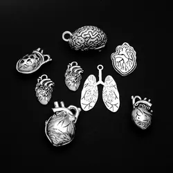 Antique Silver Plated Body Organs Charms Heart Lung Brain Pendants For Diy Keychain Jewelry Making Findings Supplies Accessories