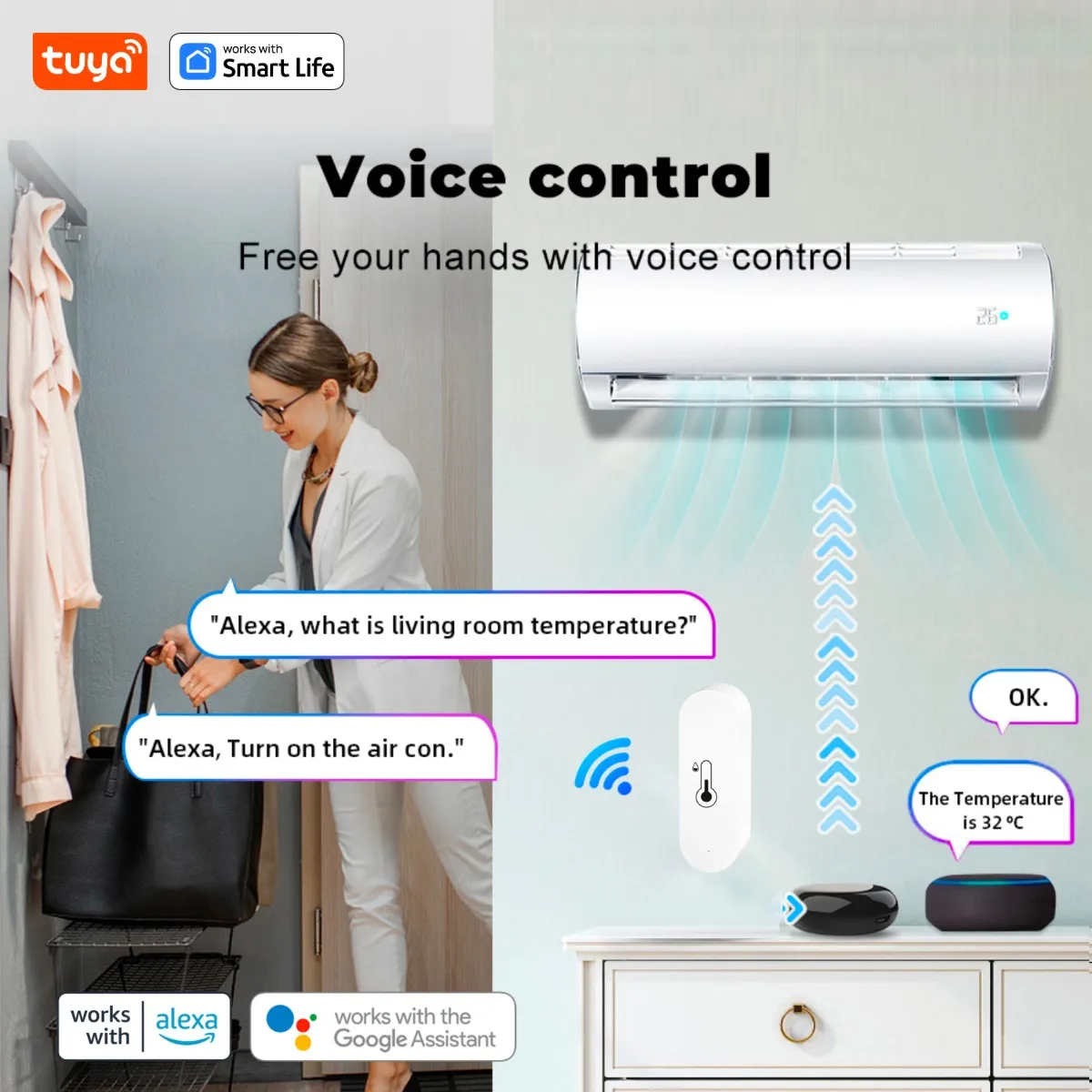 Tuya WiFi Temperature and Humidity Sensor Indoor Humidity Sensor Battery Powered APP Monitoring For Alexa Google Home Voice